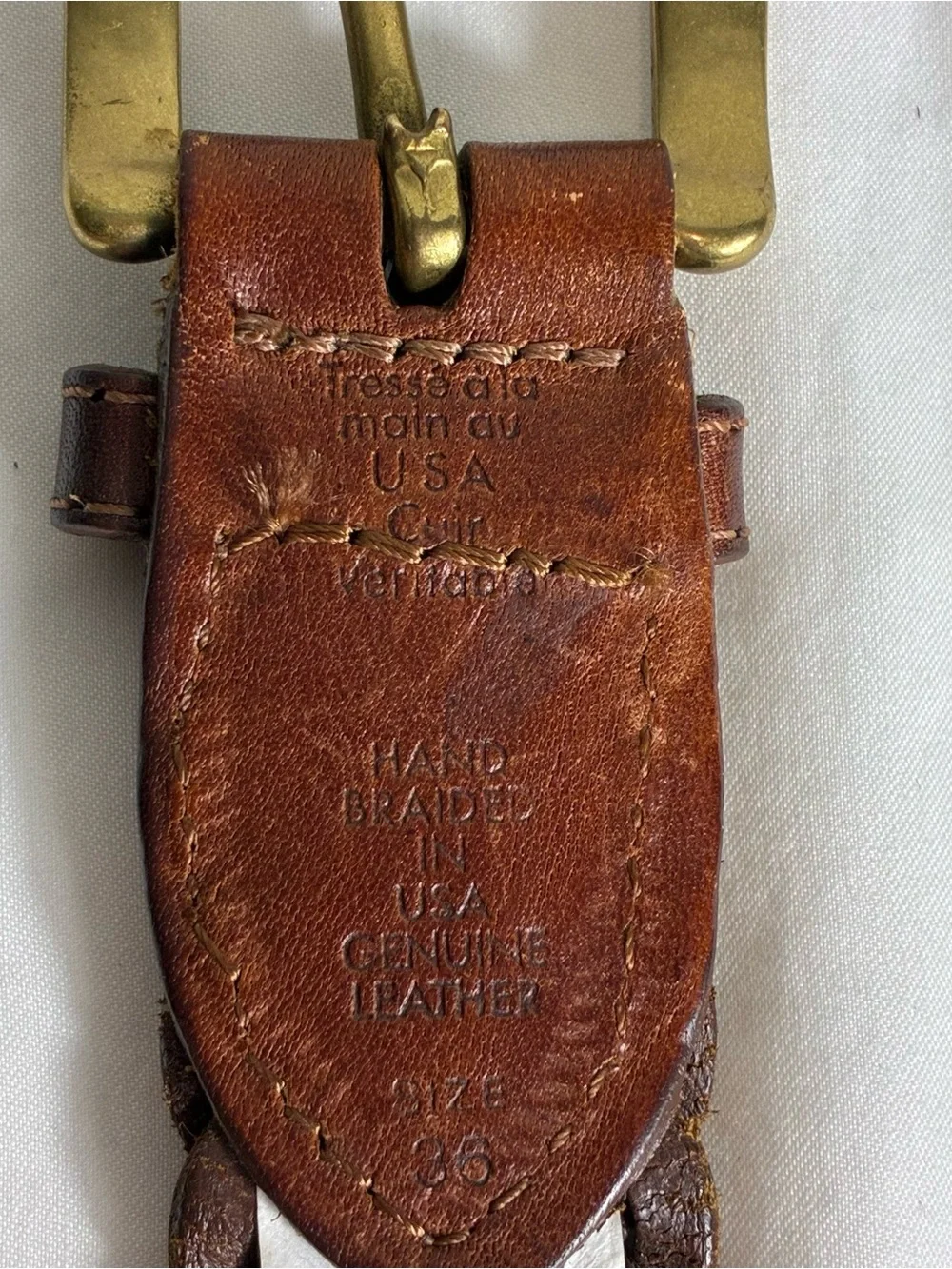 Hand Braided Brown Leather Belt with solid Brass Buckle Sz 36